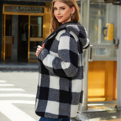 Women’s Autumn Winter Plaid Loose Casual Buckle-Free Cardigan with Double Layer Plush Coat