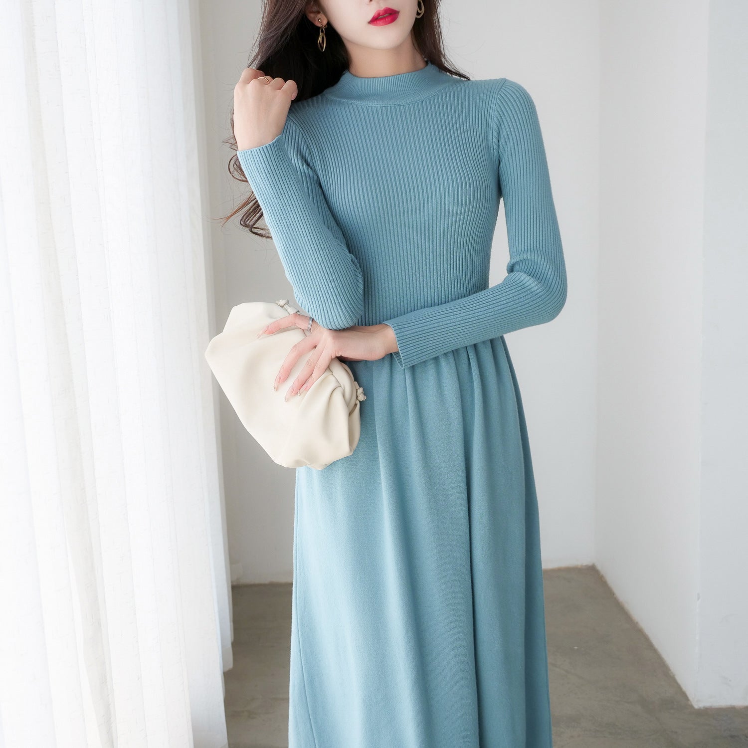 Spring Autumn Half Turtleneck Knitted Dress Women Clothing Waist Controlled Mid Length Sweater Dress Outerwear Bottoming Dress