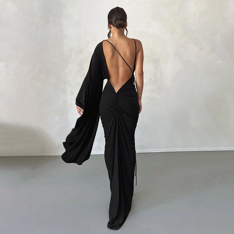 Summer Women Clothing One Shoulder Sleeve Sexy Low Cut Backless Evening Dress