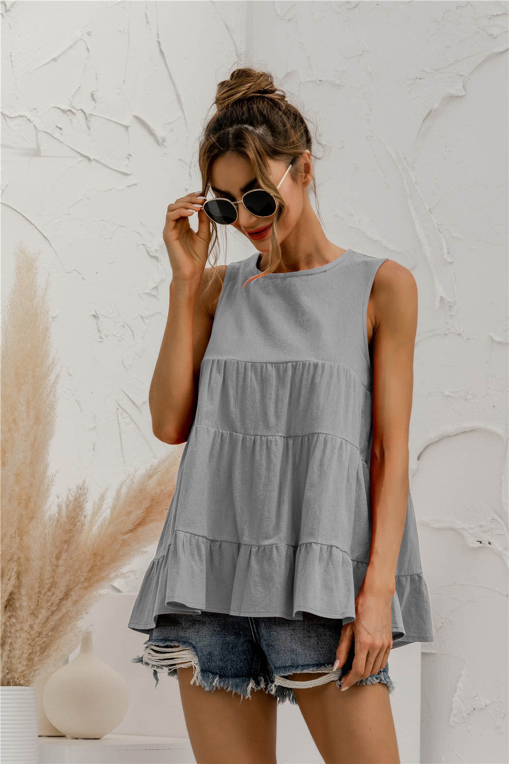 Spring Summer round Neck Sleeveless Multi-Section Stitching Loose Big Hem Vest Top