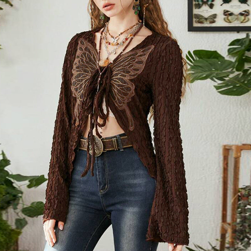 Retro Texture Butterfly Tied Top – Sexy Irregular Asymmetric V Neck Cardigan