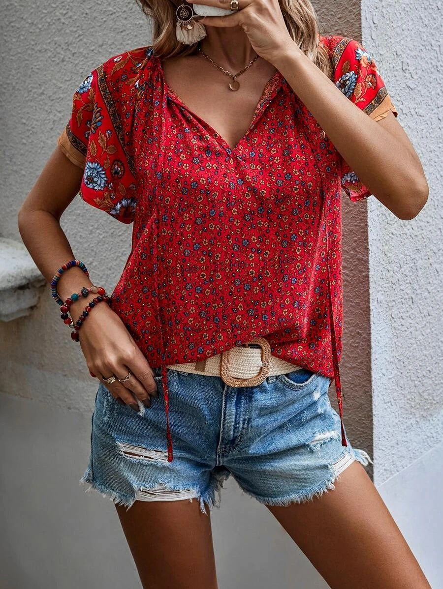 Women Clothing Summer Casual National Printed V Neck Short Sleeve Loose Shirt