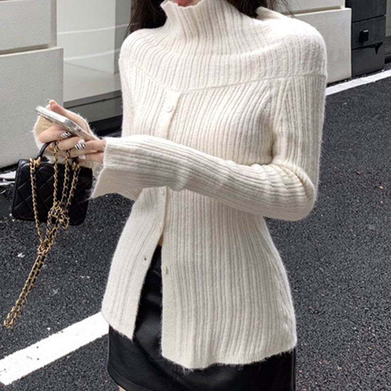 Autumn Off Neck Long Sleeved Sweater Women Solid Color Breasted Off Shoulder Design Simple Elegant White Top