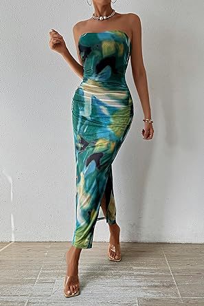 Women Clothing Shein Tube Top Slit Hemline Hem Sleeveless Printed Dress