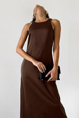 Mocha Essence - Sleeveless Satin Maxi Dress