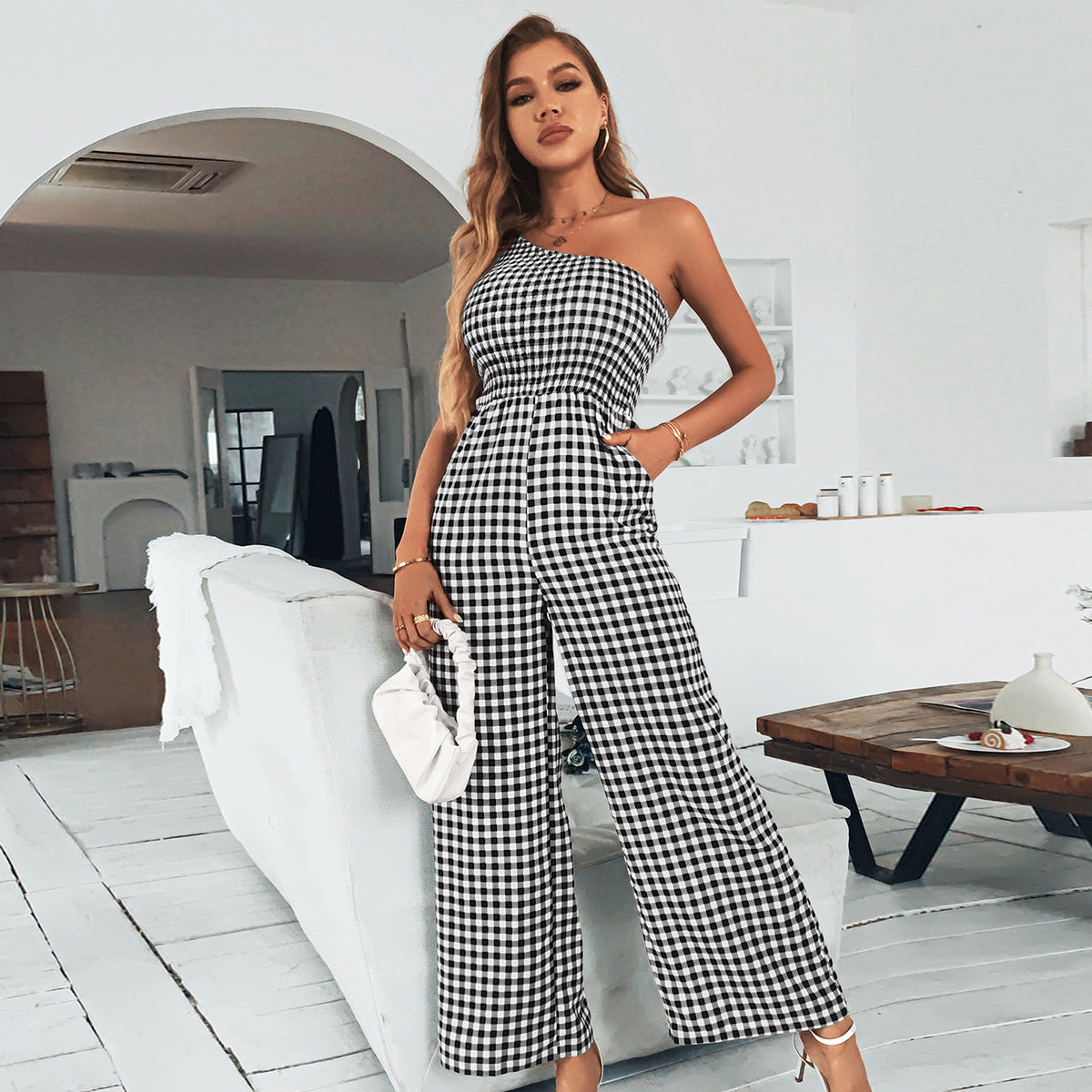 Spring Summer Plaid One Shoulder Top Section Smocking Casual Jumpsuit