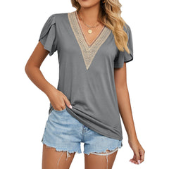 Spring Summer Golden Lace V Neck Tile Short Sleeve Solid Color T Shirt Top