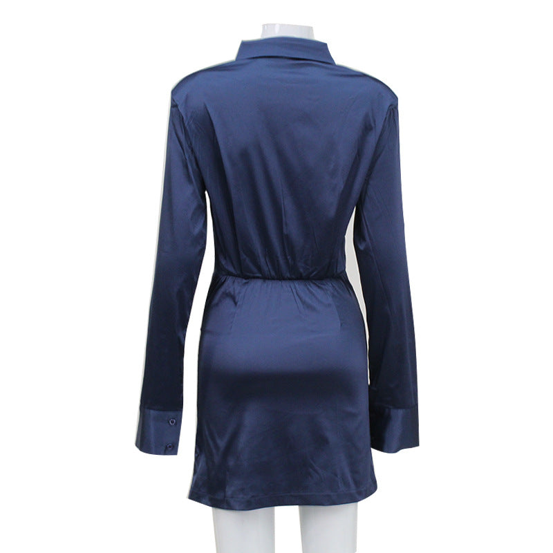 Women Clothing Sexy Shirt Dress Button Long Sleeve Satin Pure Sexy Short Dress