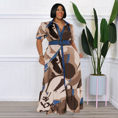 Plus Size Summer  Color Printing with Belt Loose  Women Clothing Dress