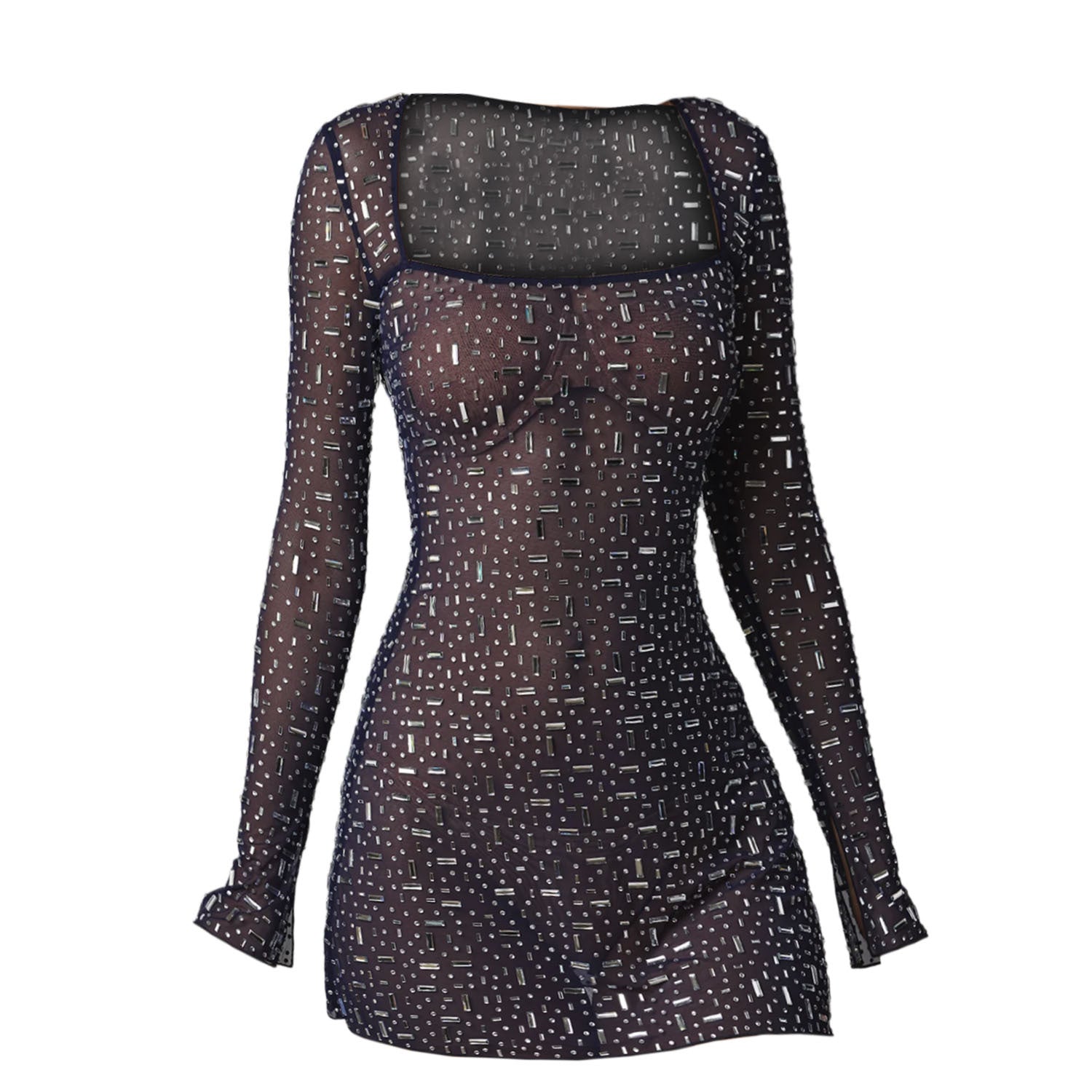 Women’s Sequined Rhinestone Sexy Semi See through Long Sleeve Short Dress – Sparkle & Shine Collection