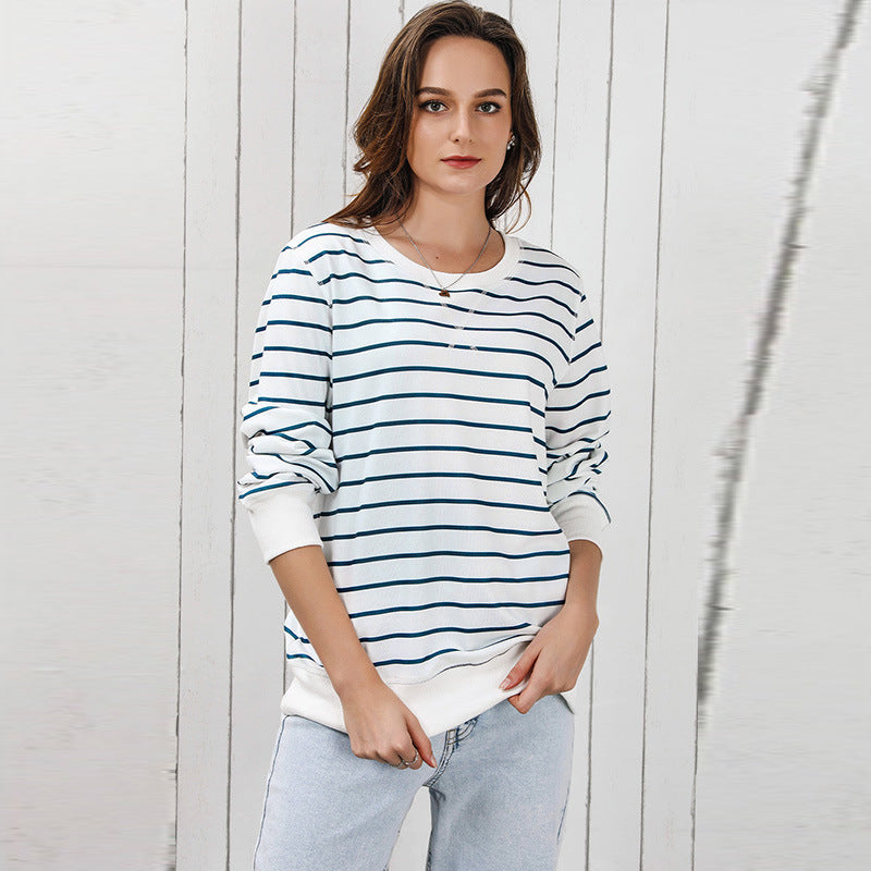 Early Autumn Striped Long Sleeved Top – Women’s Casual Loose Fitting Pullover