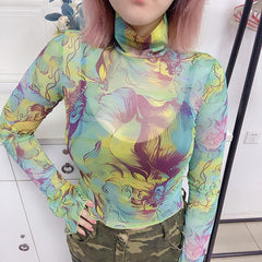 Fall Women Clothing Mesh Abstract Printing High Elastic Sheer Long Sleeve Tops