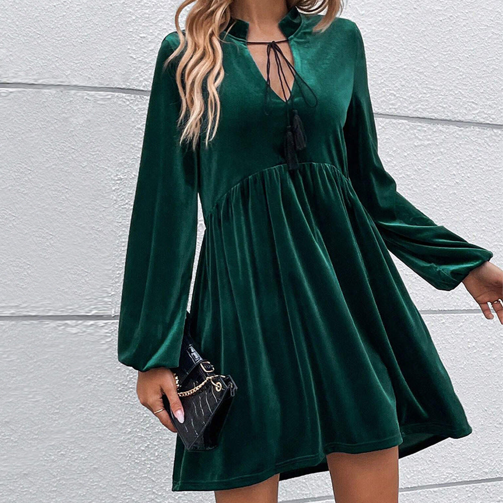 Women Clothing Autumn Winter Waist Large Dress Puff Sleeve Era Long Sleeve Velvet Dress