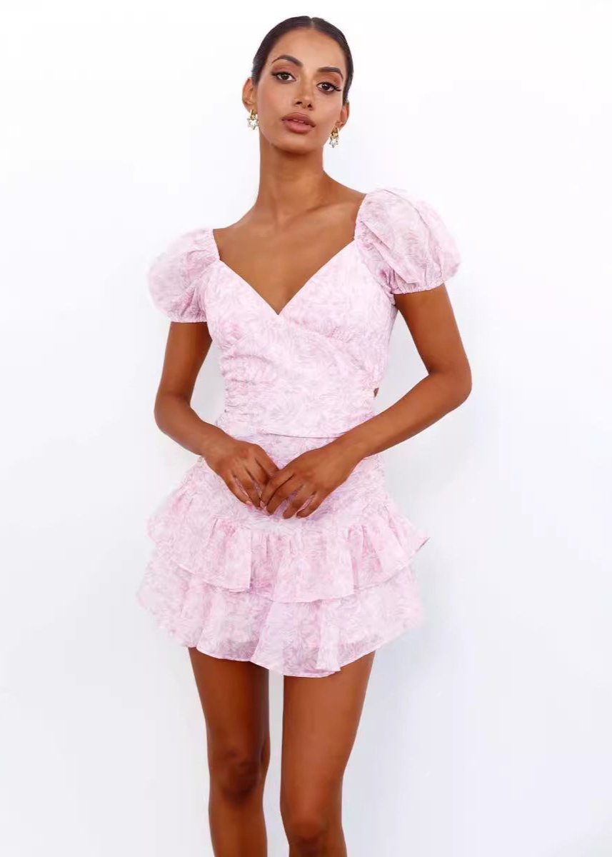 Blush Blossom Puff-Sleeve Mini Dress