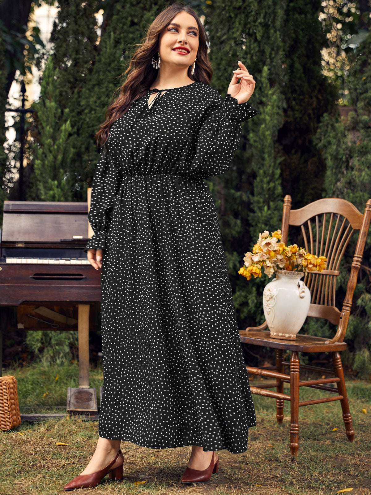 Plus Size Polka-Dot Loose-Fitting Long Sleeve Dress for Women