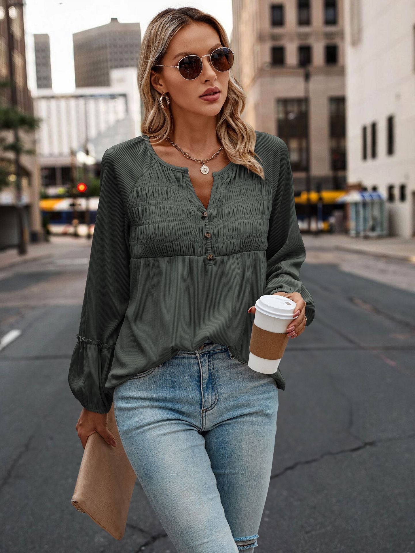 Autumn Solid Color Pleated Long Sleeve Top