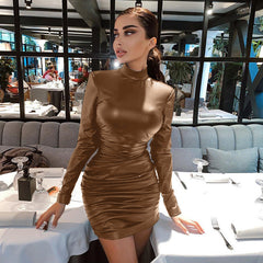 Women Clothing Winter Sexy Slimming Pleated Long Sleeve Narrow Dress