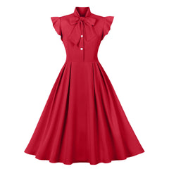 Women Clothing Waist Controlled Lace up Ruffle Sleeve Large Swing Retro Dress