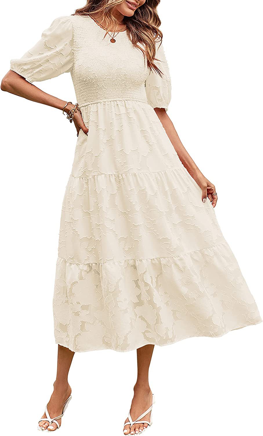 Summer Women Clothing Round Neck Pleated Puff Sleeve Layered Floral Dress