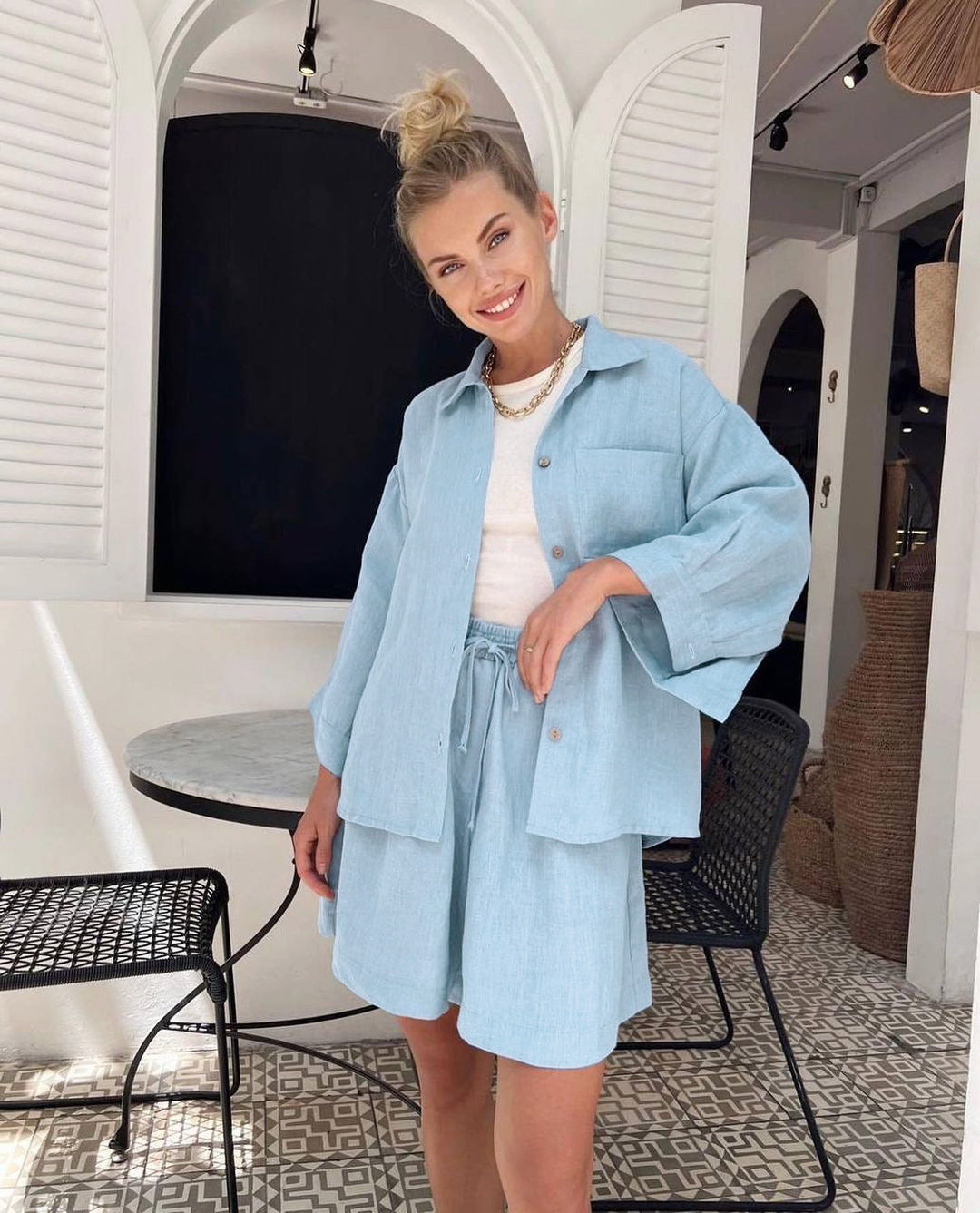 Summer Cotton Long Sleeve Shorts Pajamas Casual Loose Nightgown Worn outside Ladies Homewear