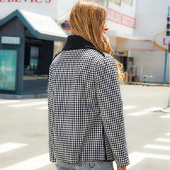 Autumn Winter Women Clothing Cardigan Long Sleeve Collared Houndstooth Composite Plush Coat Women