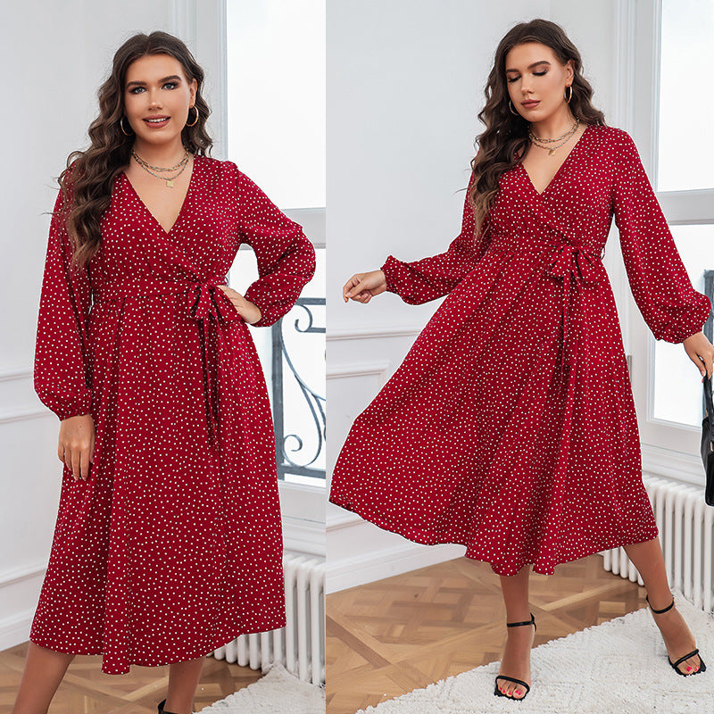 Plus Size Swing Artistic Red Dress – Cotton Office Polka Dot Long Sleeve Women Clothing