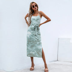 Spot Women Clothing Sexy Slit Strap Tie-Dyed Dress Lace-up A- line Knitted Midi Dress