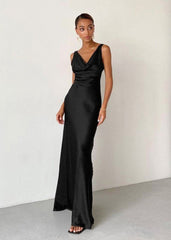 Satin Elegance - Deep V Maxi Dress