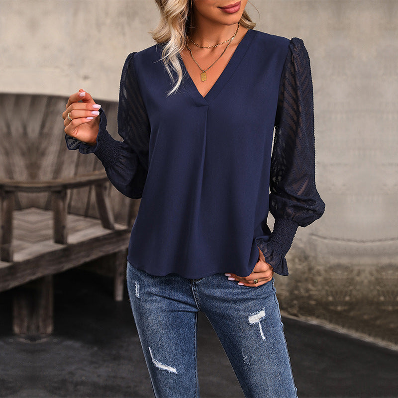 Autumn Top Long Sleeve V neck Solid Color Shirt Women