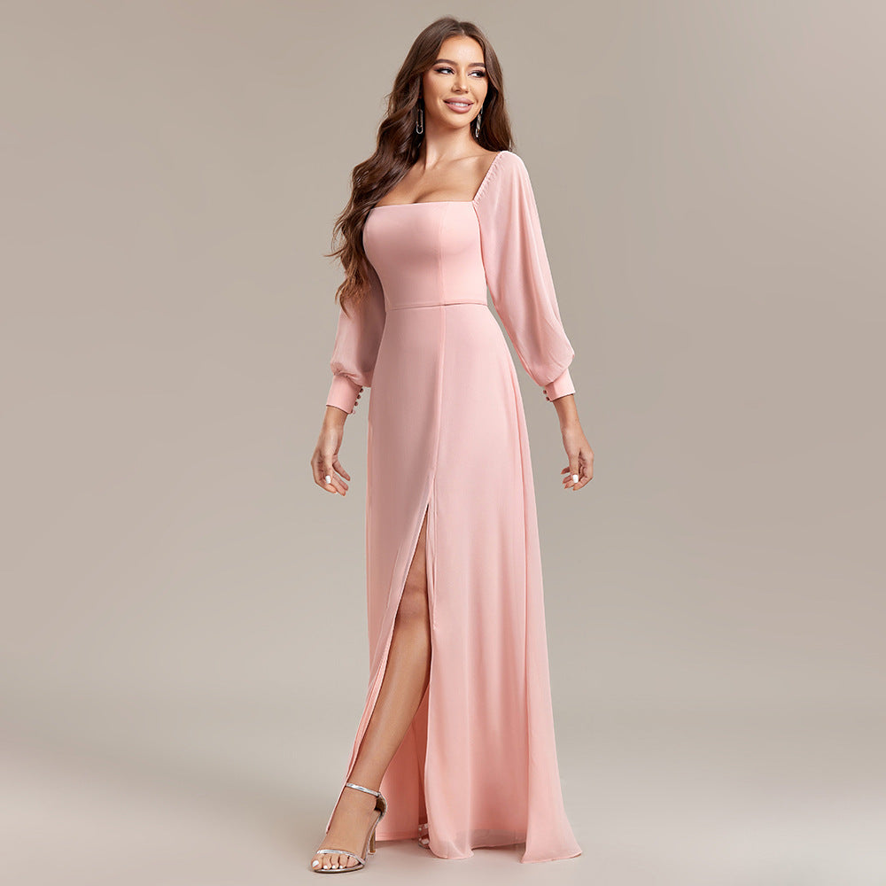 Women Multiple Wear Elegant Tube Top Elastic Long Sleeve Back Zipper High Slit Formal Dress A line Chiffon Dress