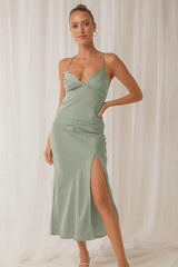 Sage Serenity - Satin Slip Dress with Side Slit