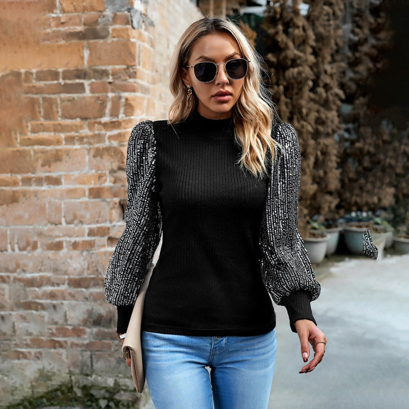 Women Clothing Solid Autumn Winter Half High Collar Long Sleeves Sequin Stitching Knitted Top