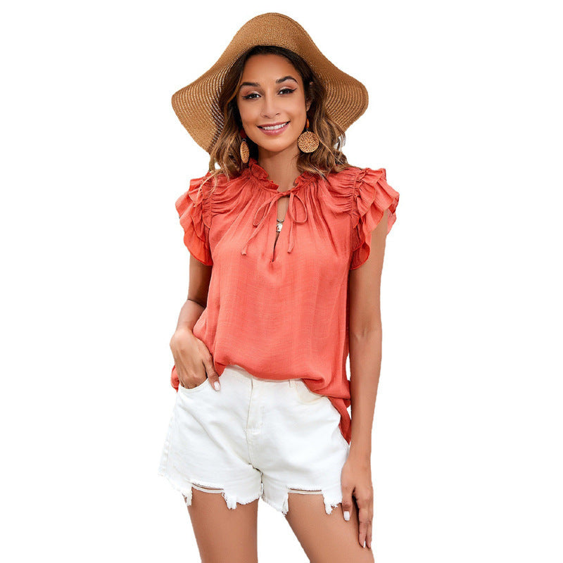 Summer Loose Solid Color Ruffle Sleeve Top V neck Women Clothing T shirt