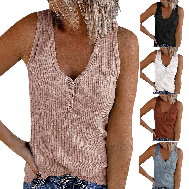 Summer Women Button Vest Solid Color V-neck Sleeveless T-shirt Top