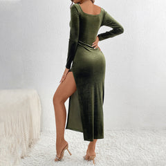 Velvet Sexy Waist Tight Slimming Side Slit Sheath Dress – Elegant Design