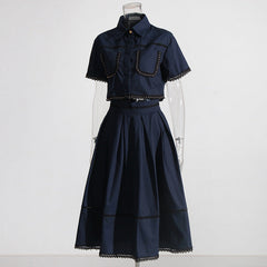 French Elegant Collared Ruffled Short Sleeves Shirt High Waist Midi A  line Skirt Two Piece Set