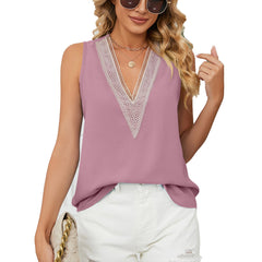 Summer Solid Color Chiffon Shirt Loose V Neck Pullover Sleeveless Top Vest