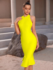 Summer Sexy Backless Sleeveless Ruffled Flared Bandage One Piece Dress Socialite Birthday Party Yellow Dress