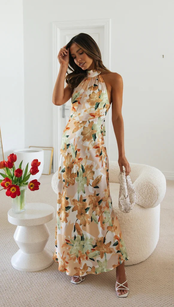 Floral Print Halter Backless Flowy Vacation Maxi Dresses