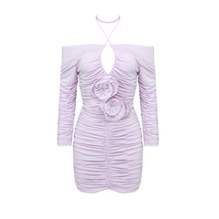 Light Purple Hollow Out Cutout Pleated Three Dimensional Floral Hip Women Clothing Halter Dress Autumn