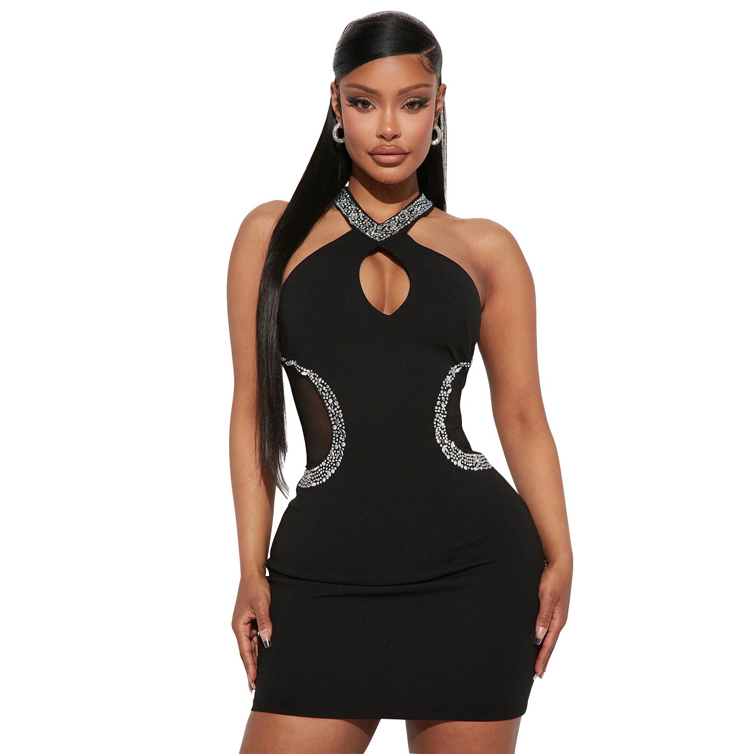 Summer Women Clothing Sexy Tight Hollow Out Cutout Rhinestone Halter Dress for Women