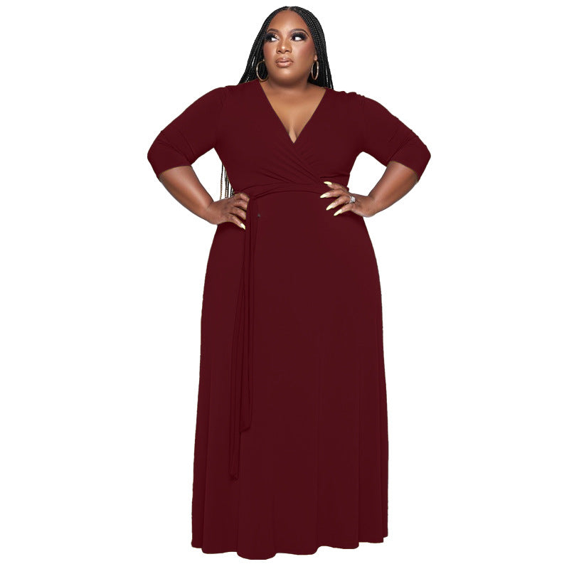 Plus Size Women Clothing with Belt Solid Color Stylish Loose  Dress