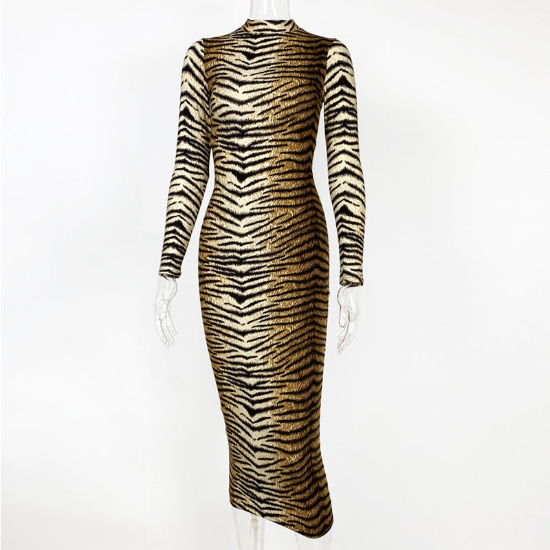 Autumn Winter Women Clothing Leopard Print Long Sleeve Sexy Slim Dress