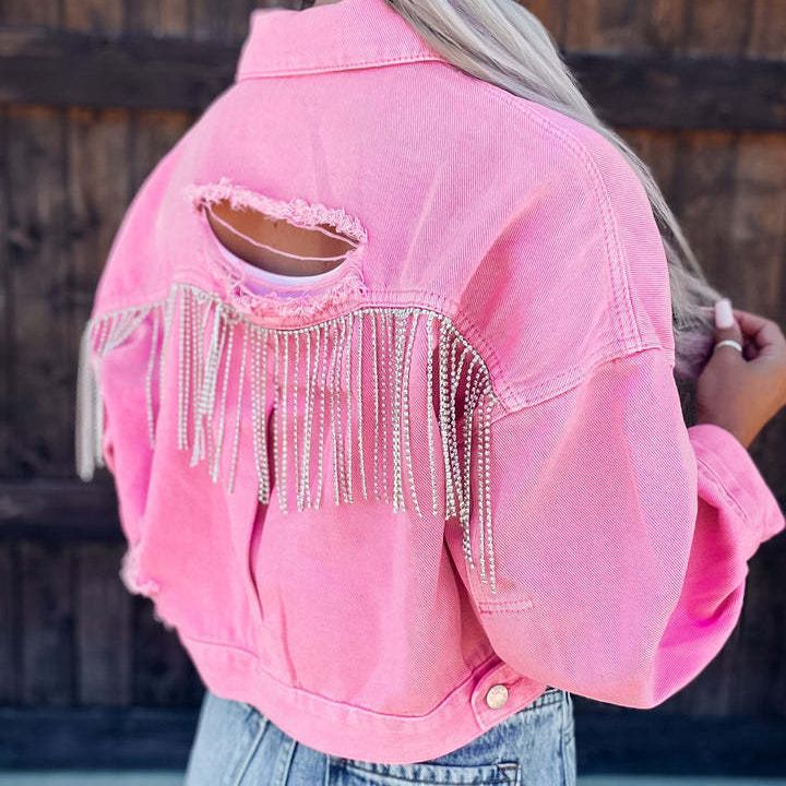 Spring Summer Casual Holes Tassel Denim Jacket Women Clothing