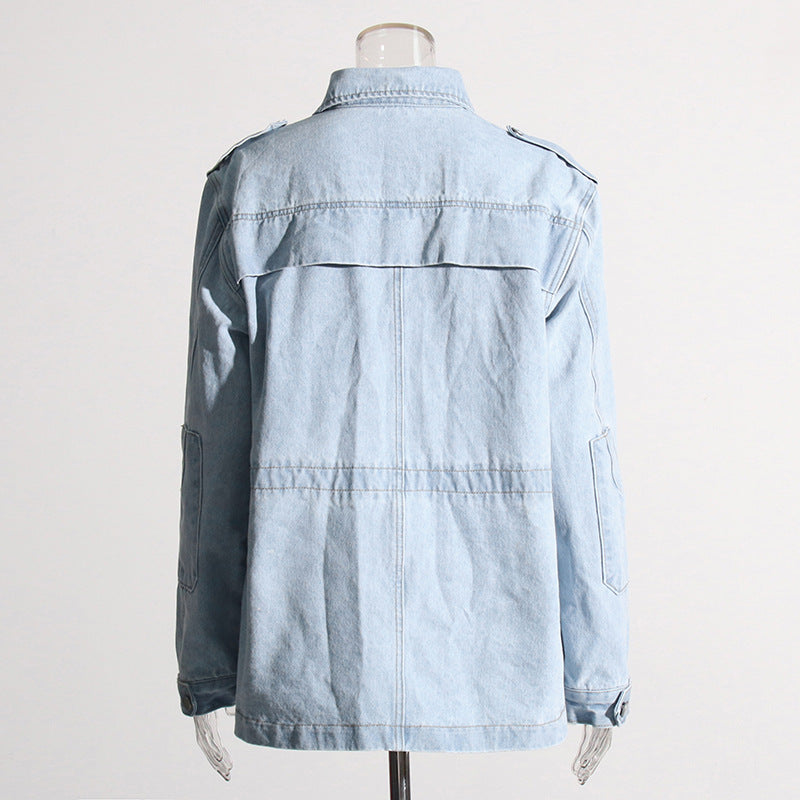 Trendy Workwear Autumn Special Interest Patchwork Pocket Loose Long Sleeve Denim Jacket for Women