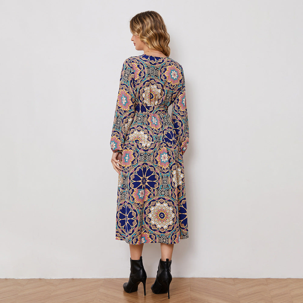 Abstract Holiday Floral Print Lace up Waist Long Sleeve Dress – Waist Controlled