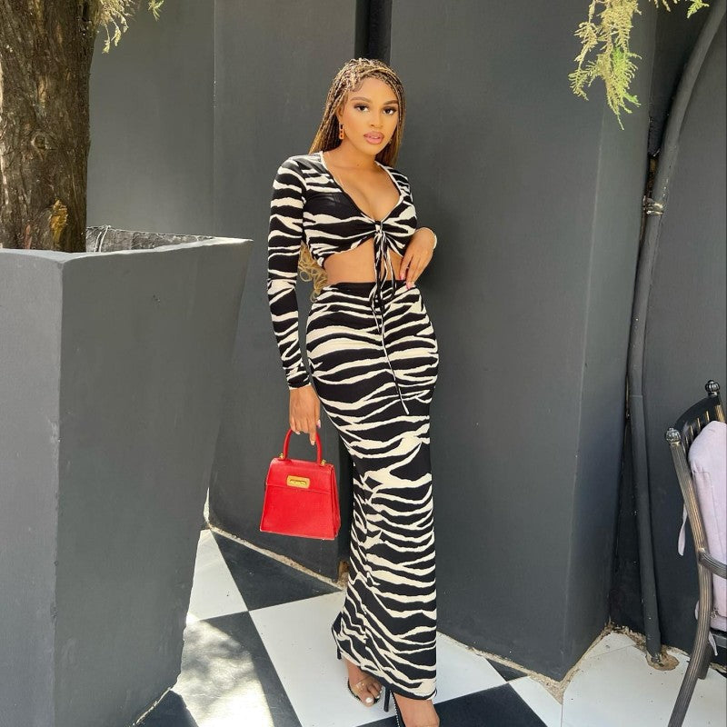 Autumn Zebra Print Long Sleeve Lace up Cropped Top Split Set