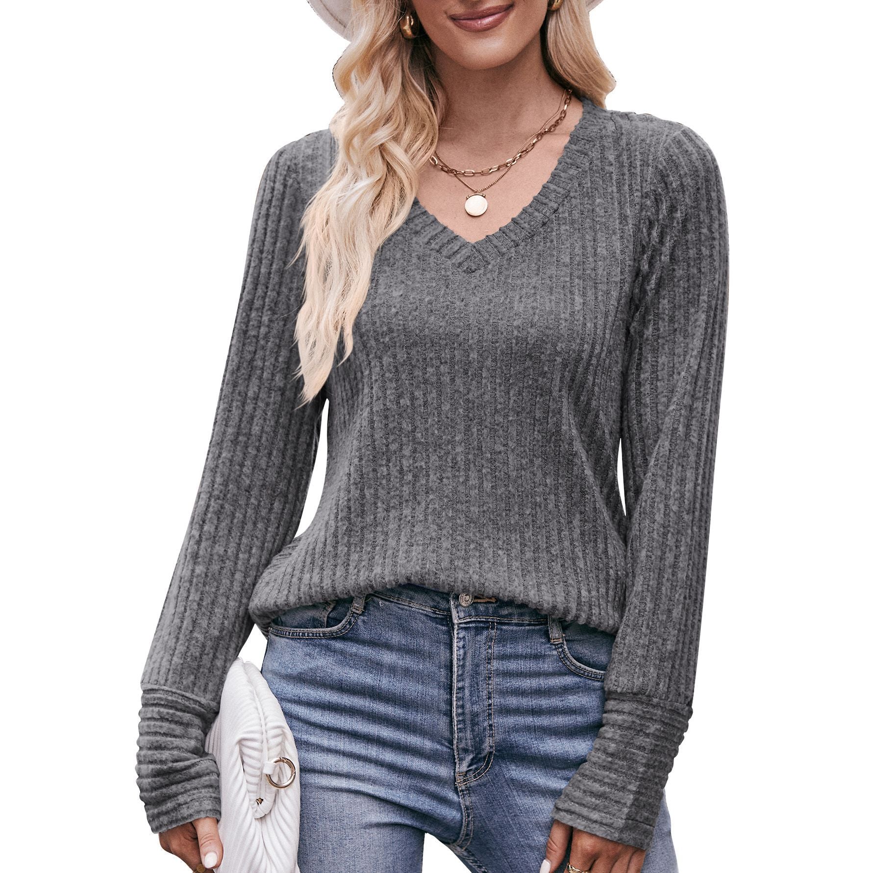 Women’s Brushed Sunken Stripe V-neck Long-Sleeved Solid Color Top