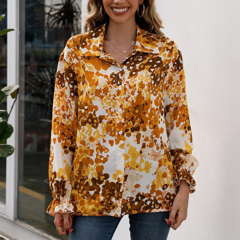 Loose Casual Floral Print Collared Long Sleeve Shirt Top for Women