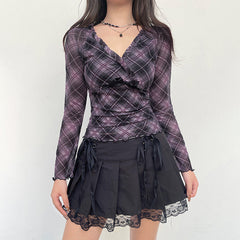 Sexy Small V neck Plaid Color Matching Mesh Light T shirt Bow Slimming Lace Short Top